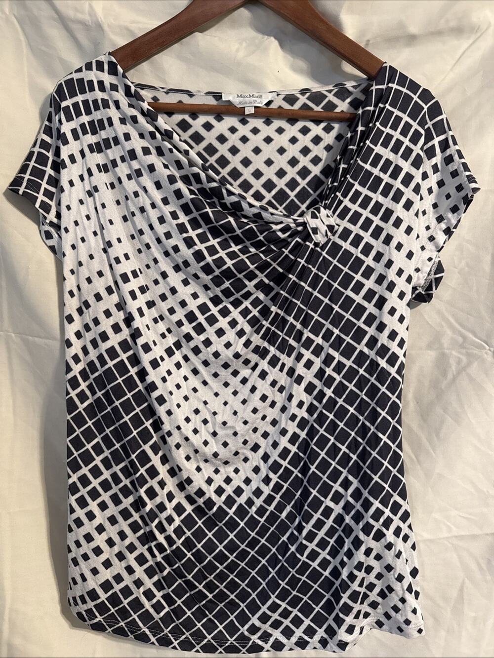 Max Mara Italy Geometric Grid Twist Cowl Neck Blouse Top Black White Sz Large